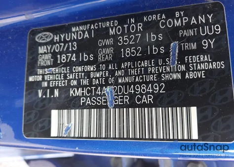 2013 Hyundai Accent Gls from USA, damaged, VIN KMHCT4AE2DU498492